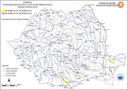 Hidrologii anunţă creşteri de debite şi niveluri pe unele râuri din sudul şi sud-estul ţării – Au fost emise averizări cod portocaliu şi cod galben

