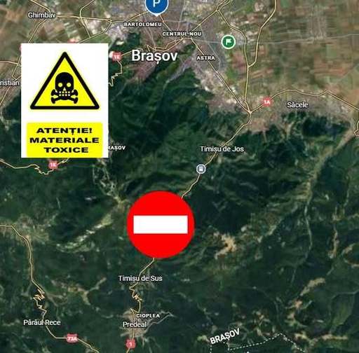 UPDATE - O cisternă încărcată cu 1.800 de litri de acid azotic s-a răsturnat, pe DN 1, între Braşov şi Predeal / Trafic complet blocat / Zonă de siguranţă pe 50 de metri / Două persoane au fost rănite