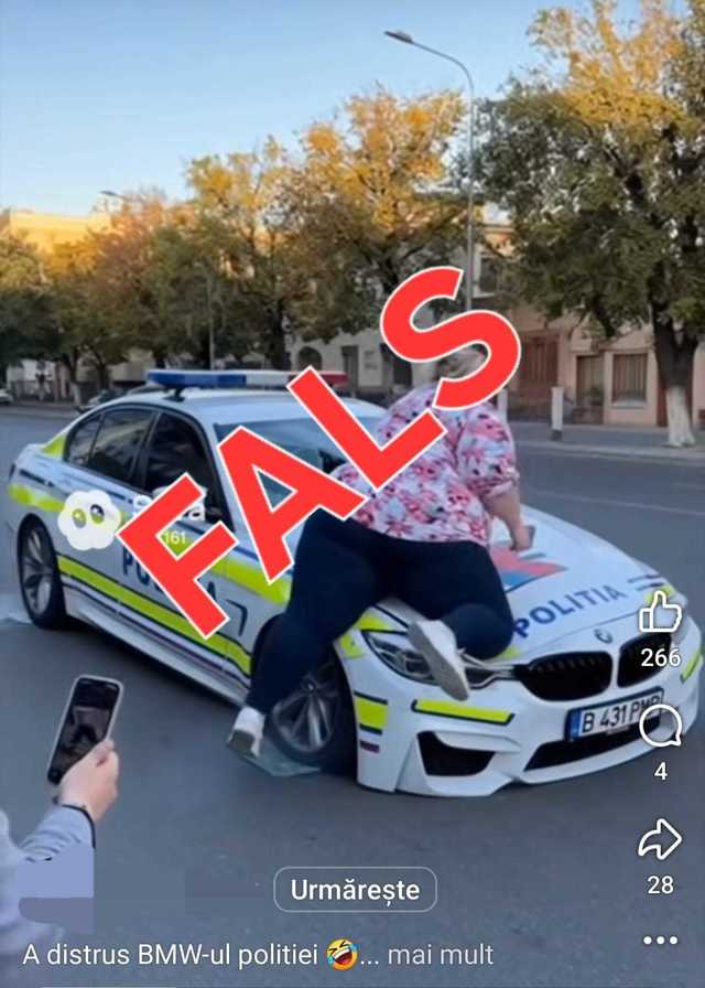 Ministerul de Interne demontează un nou fake, cu o fotografie înfăţişând o femeie care ar fi distrus un BMW al Poliţiei: Nu tot ce devine ”viral” este şi real / Clipurile sunt realizate cu programe de inteligenţă artificială, acţiunile nu s-au întâmplat