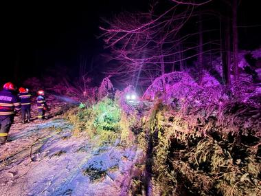 ISU Braşov - 16 intervenţii în ultimele 24 de ore, ca urmare a vântului puternic, majoritatea în cazul unor copaci căzuţi sau a unor elemente de construcţie desprinse - FOTO