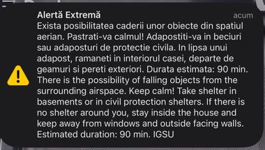 Nou mesaj RO-Alert pentru populaţia din nordul judeţului Tulcea – Statul Major al Forţelor Aeriene a detectat existenţa unor ţinte aflate în deplasare către zona de frontieră dintre România şi Ucraina