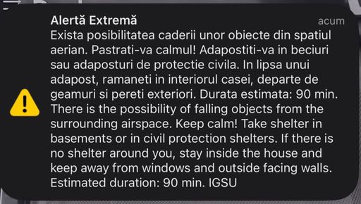 UPDATE - Nou mesaj RO-Alert pentru populaţia din nordul judeţului Tulcea – Statul Major al Forţelor Aeriene a detectat existenţa unor ţinte aflate în deplasare către zona de frontieră dintre România şi Ucraina / Precizările MApN