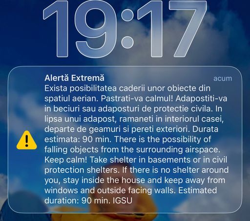 UPDATE - Nou mesaj RO-Alert în judeţul Tulcea, cu privire la posibilitatea căderii de obiecte din spaţiul aerian / Ministerul Apărării: Sistemele de apărare aeriană sunt în alertă şi sunt pregătite să intervină - FOTO