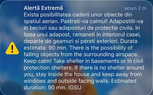 UPDATE Mesaj RO-Alert pentru nordul judeţului Tulcea privind posibilitatea căderii unor obiecte din spaţiul aerian/ A fost detectată o ţintă în apropierea spaţiului aerian românesc/ Anunţul MApN/ Aeronave Eurofighter Typhoon, ridicate de la Kogălniceanu