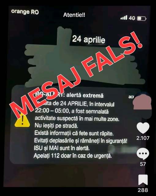 Autorităţile atrag atenţia asupra unui mesaj RO-Alert fals, care anunţă că fete sunt răpite de pe stradă
