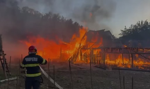 Puternic incendiu într-o localitate din judeţul Bistriţa-Năsăud, unde ard mai multe anexe - 50 de pui de găină şi 30 de miei nu au putut fi salvaţi - VIDEO