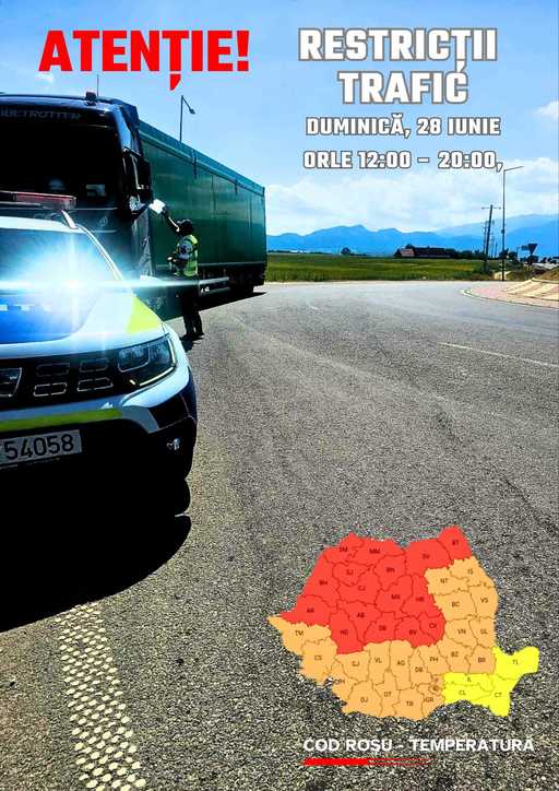 Restricţii de circulaţie pentru autovehiculele cu masa totală maximă autorizată mai mare de 7,5 tone, pe autostrăzi, drumuri expres şi drumuri naţionale din judeţele vizate de codul roşu meteo