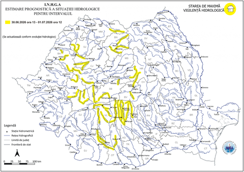 Cod galben de inundaţii în unsprezece bazine hidrografice / Probabilitate mai mare de apariţie a fenomenelor în judeţele Sălaj, Cluj, Bihor, Alba şi Hunedoara