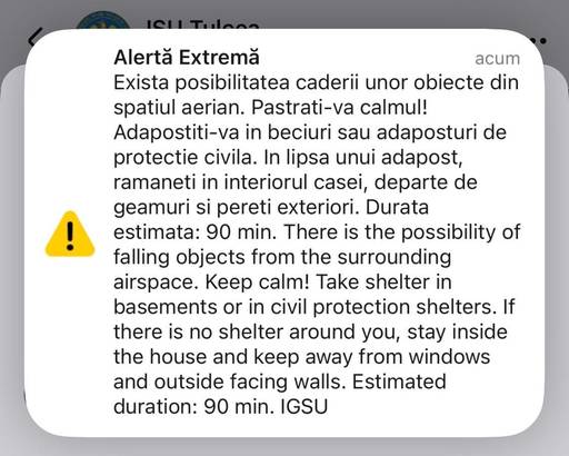 UPDATE - Nou mesaj RO-Alert emis în judeţul Tulcea – Populaţia, avertizată cu privire la posibilitatea căderii de obiecte din spaţiul aerian/ Ministerul Apărării: Nu au fost raportate pătrunderi neautorizate în spaţiul naţional