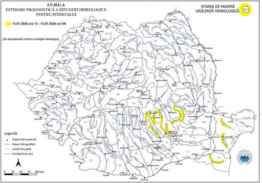 Risc de inundaţii pe râuri din şase judeţe, până marţi dimineaţă