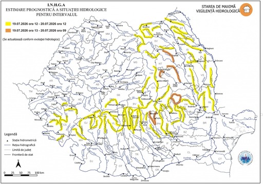 Avertizări cod portocaliu şi cod galben pentru cursuri de apă din mai multe judeţe, începând de duminică până luni dimineaţă