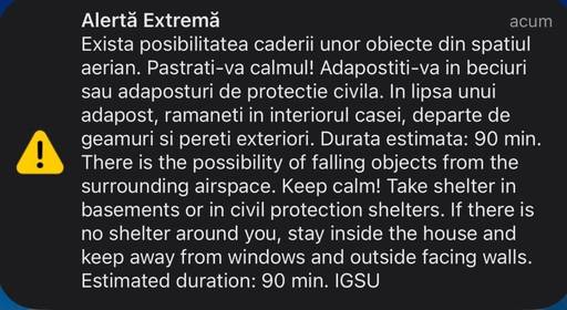 UPDATE - Nou mesaj RO-Alert în Tulcea, populaţia fiind avertizată că ar putea cădea obiecte din spaţiul aerian / Aeronave militare ridicate de la sol 
