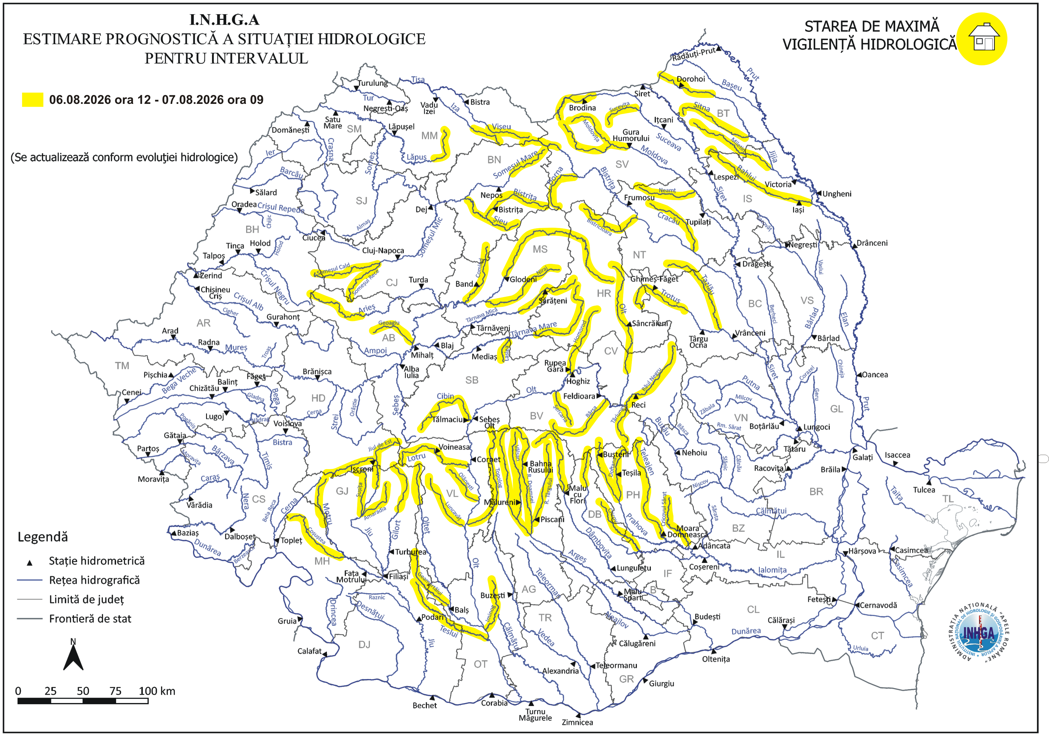 Cod galben hidrologic pentru cursuri de apă din mai multe zone ale țării. Viituri rapide cu posibile efecte de inundații locale, care se pot produce cu probabilitate și intensitate mai mare pe unele râuri mici din Dâmbovița, Prahova, Suceava și Neamț