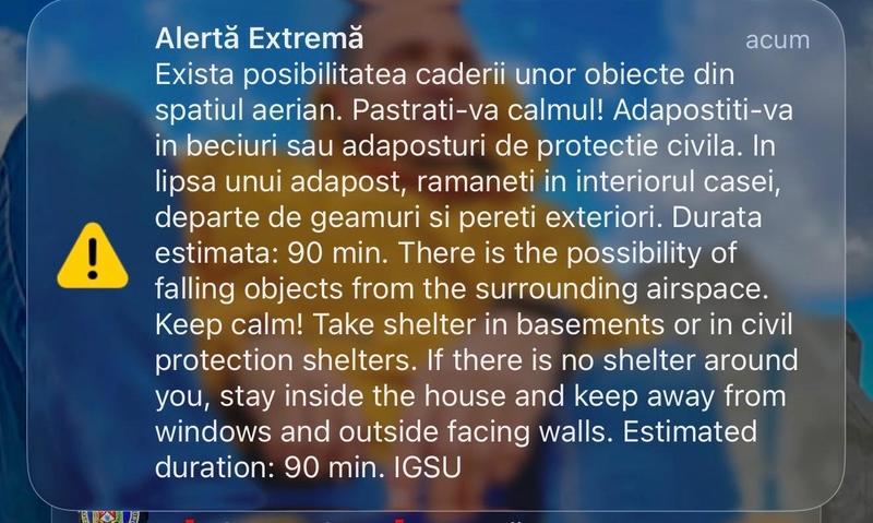 UPDATE - Mesaj Ro-Alert pentru zona de nord-vest a județului Tulcea și pentru județul Galați / Ministerul Apărării: O țintă aeriană, detectată la aproximativ 15 kilometri est de localitatea Reni / Aeronave militare ridicate de la sol