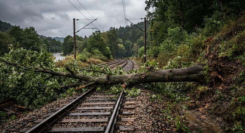 Circulaţie feroviară oprită temporar între Poarta şi Slatina Timiş, pe raza Sucursalei Regionale de Căi Ferate Timişoara, din cauza unui copac căzut pe linia de contact/ n tren de călători staţionează până la remedierea situaţiei