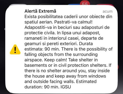 Locuitorii din nordul judeţului Tulcea au primit mesaj RO-Alert / Ei au fost avertizaţi de posibilitatea căderii unor obiecte din spaţiul aerian