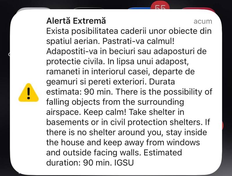 Locuitorii din nordul judeţul Tulcea au primit mesaj RO-Alert / Ei au fost avertizaţi de posibilitatea căderii unor obiecte din spaţiul aerian