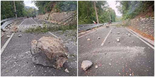 Circulaţia oprită pe DN 67D, Valea Cernei - Băile Herculane, din cauza unui incendiu de vegetaţie / Pe carosabil au ajuns pietre şi arbori desprinşi de pe un versant cu o înălţime de aproximativ 30 de metri - FOTO / VIDEO