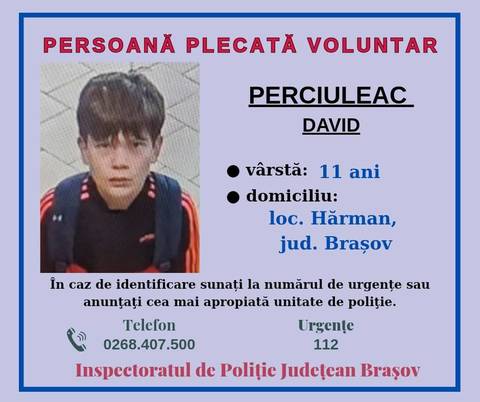 Braşov: Băiat de 11 ani, căutat de autorităţi după ce ar fi plecat de acasă