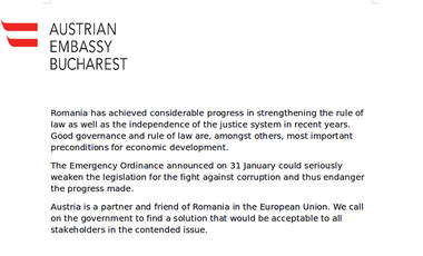Ambasada Austriei la Bucureşti: OUG anunţată în 31 ianuarie ar putea slăbi serios legislaţia anticorupţie, periclitând progresele; cerem Guvernului să găsească o soluţie