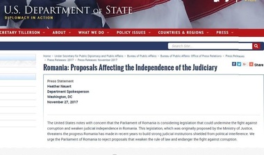 Departamentul de Stat al SUA: Cerem Parlamentului României să respingă propunerile legislative care afectează statul de drept şi lupta anticorupţie