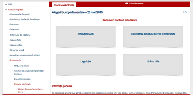 Rubrica “Alegeri europarlamentare 2019” a fost activată pe pagina de internet a
Ministerului Afacerilor Externe

