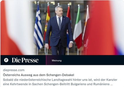 „Die Presse”: Cancelarul Karl Nehammer se va răzgândi în privinţa blocării României în Schengen încă din februarie