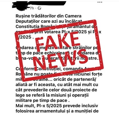 MApN: Încercările de a prezenta măsurile de întărire a capacităţii de apărare a României şi NATO drept acte de trădare naţională se înscriu în tiparul campaniilor de dezinformare, desfăşurate inclusiv de actori statali  / Se încearcă inducerea panicii 
