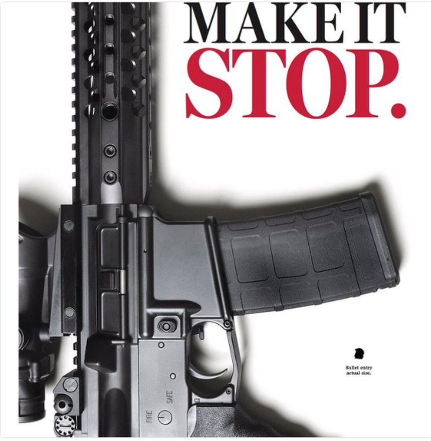 Boston Globe: O armă semiautomată AR-15 şi cuvintele ”Opriţi-vă” pe prima pagină a publicaţiei în semn de protest faţă de legislaţia armelor. FOTO