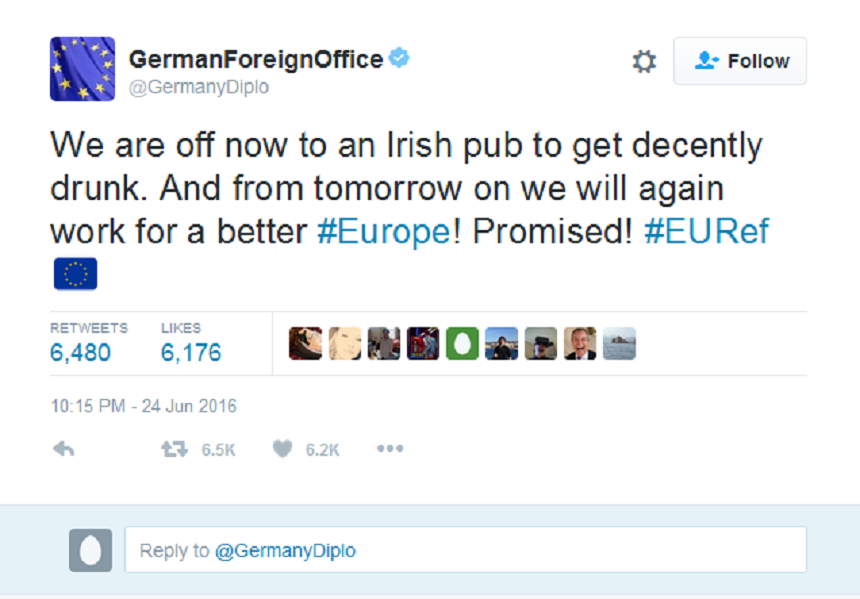 Angajaţii MAE german au anunţat pe Twitter că pleacă să se îmbete într-un pub irlandez, după anunţarea rezultatelor referendumului din Marea Britanie