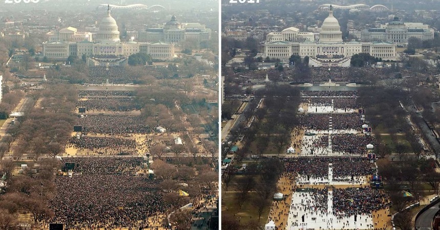 Trump a atras mult mai puţini oameni decât predecesorul său la ceremonia de depunere a jurământului, arată fotografiile publicate de presă