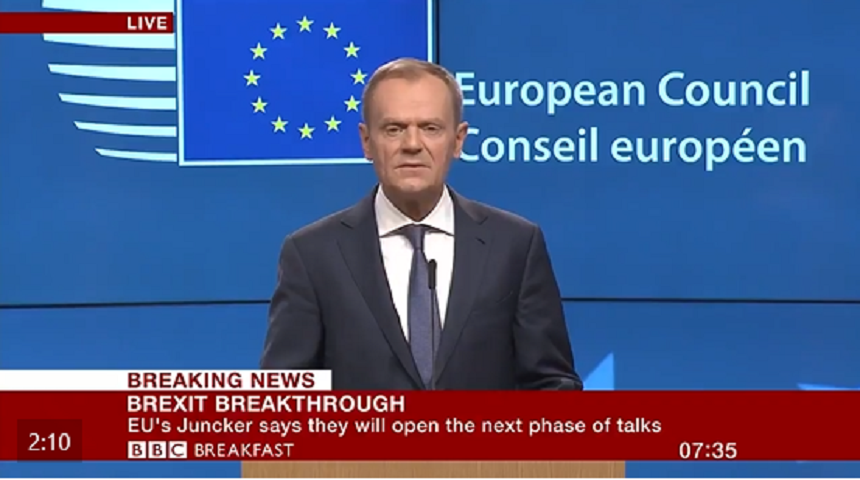 Uşurare în Europa după acordul de principiu între Comisie şi Londra asupra primei faze a negocierii Brexitului; avertismentul lui Tusk