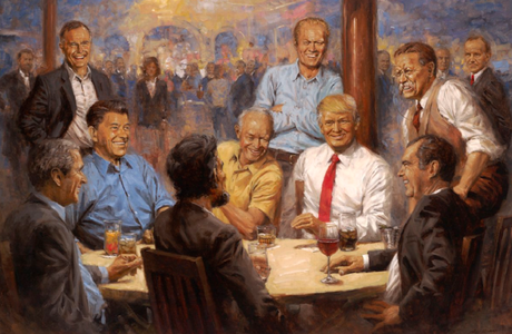Portret cu Donald Trump la bar, împreună cu Lincoln şi Reagan între alţi preşedinţi republicani, la Casa Albă