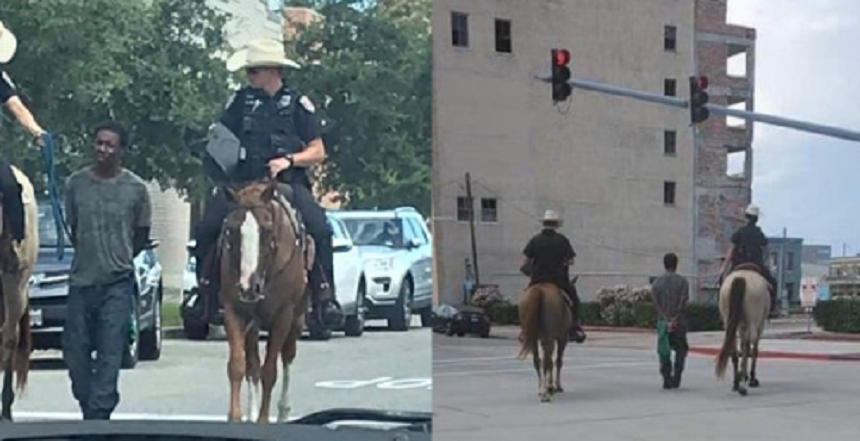 Afroamericanul Donald Neely, escortat pe jos, cu o funie, de către doi poliţişti albi călare, cere despăgubiri un milion de dolari