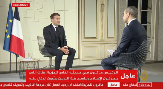 Caricaturile pot şoca, recunoaşte Macron, dar denunţă violenţa într-un interviu acordat Al Jazeera la Élysée