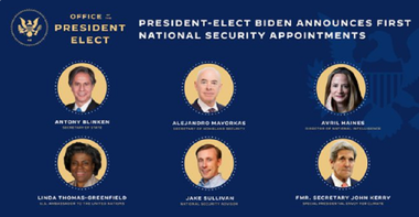 ALEGERI ÎN SUA Biden prezintă primele nume mari din Guvern; John Kerry, ”ţar” în lupta împotriva modificărilor climatice; Antony Blinken, secretar de Stat; Jake Sullivan, consilier în domeniul securităţii naţionale; Linda Thomas-Greenfield la ONU, Janet Yellen la Trezorerie