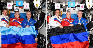 Echipajul rus de la bordul ISS exhibă steagurile republicilor separatiste din Ucraina