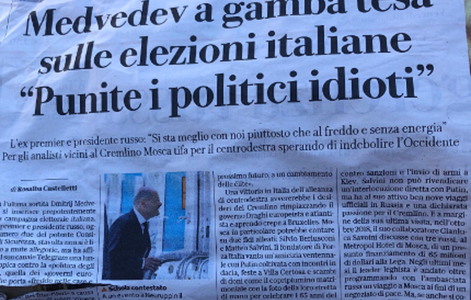 Polemică în Italia pe tema unui ”amestec” rus în alegeri, după ce Medvedev îi îndeamnă pe europeni ”să-şi pedepsească” guvernele ”stupide”