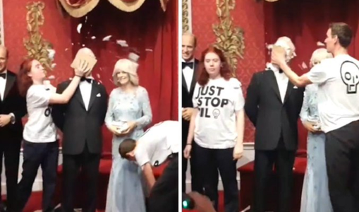 Statuia de ceară a lui Charles al III-lea de la Madame Tussauds din Londra, vandalizată cu o tartă de ciocolată de către activişti din grupul ”Just Stop Oil”