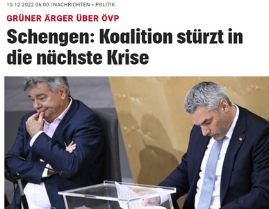 Presa austriacă: Coaliţia guvernamentală de la Viena este în criză din cauza veto-ului faţă de aderarea României la Schengen. Verzii sunt furioşi pe conservatori