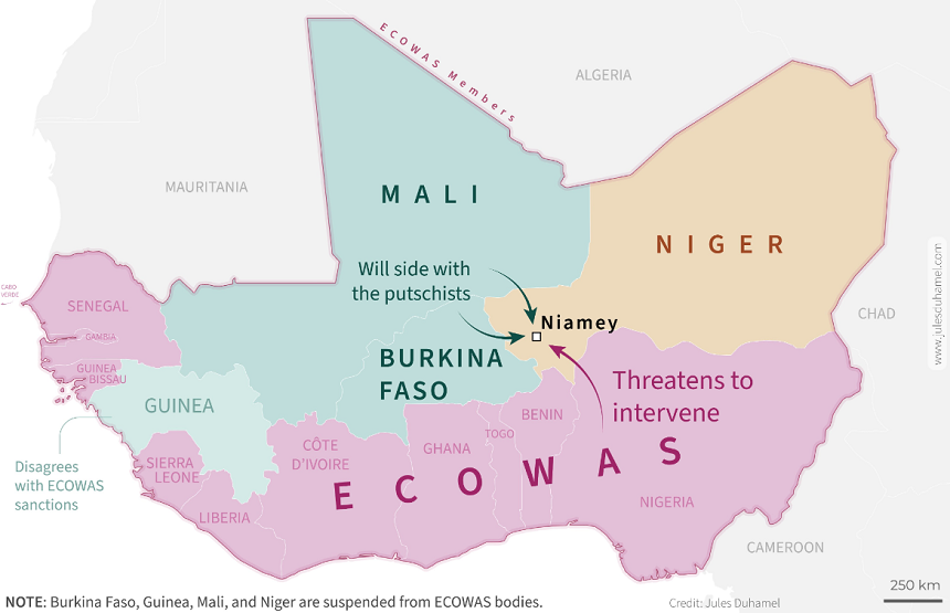 O intervenţie militară în Niger, în urma puciului, ”ultima opţiune pe masă”, însă este necesară pregătirea acestei ”eventualităţi”, anunţă CEDEAO în deschiderea unei reuniuni a şefilor vest-africani de Stat Major, la Abuja. Nigeria întrerupe alimentarea Nigerului cu electricitate
