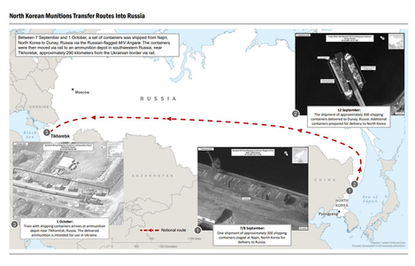 Coreea de Nord a livrat recent Rusiei ”peste 1.000 de containere” cu material militar, acuză Casa Albă şi publică o infografie a traiectoriei din Coreea de Nord şi până la frontiera Rusiei cu Ucraina