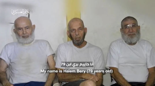 Hamasul difuzează o înregistrare video cu trei ostatici israelieni în vârstă care cer Israelului să-i elibereze. Bătrânii, cu vârste cuprinse între 79 şi 84 de ani, luaţi ostatici la Nir Oz, scrie presa israeliană. Tsahalul denunţă ”un video al terorii cr