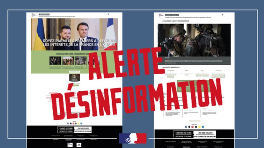 Guvernul francez avertizează împotriva unui site care le cere francezilor ”să se angajeze în Ucraina”. Cabinetul ministrului denunţă o ”uzurpare a unui site oficial al Forţelor Terestre”. Un oficial evocă o operaţiune asemănătoare altora ale unor interese