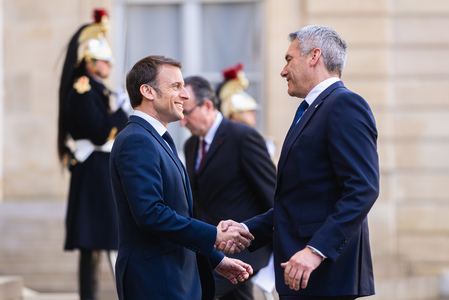 Cancelarul austriac Karl Nehammer i-a făcut cadou lui Emmanuel Macron o pereche de mănuşi de box - FOTO