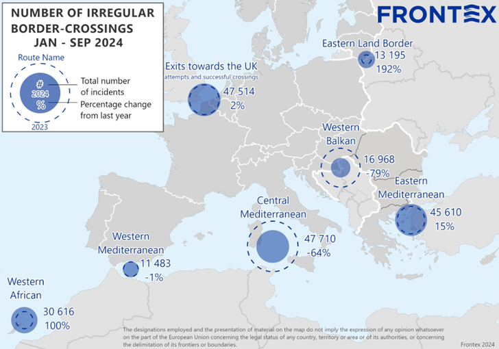 UPDATE-Trecerile clandestine ale frontierelor UE au scăzut cu 42% începând din ianuarie, anunţă FRONTEX. Pe ruta din Balcanii de Vest, inclusiv prin România, 16.698 treceri ilegale, mai puţine cu 7,9% faţă de primele nouă luni din 2023