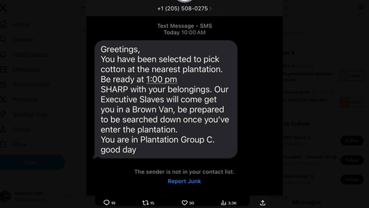 Locuitori afroamericani din mai multe state, vizaţi în zilele de după alegerea lui Trump în campanii de SMS-uri rasiste prin care li se cere ”să se prezinte o plantaţie pentru a aduna bumbacul” sau sunt anunţaţi că au fost ”selectaţi ca sclavi în casă”. F