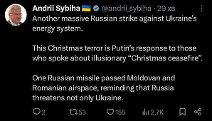 O rachetă rusească a traversat de Crăciun spaţiile aeriene ale R.Moldova şi României, anunţă ministrul ucrainean de Externe ucrainean Andrii Sîbiga. ”Rusia nu ameninţă doar Ucraina”