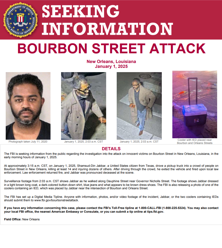 FBI publică noi imagini ale suspectului cu o oră înainte de atacul mortal de la New Orleans