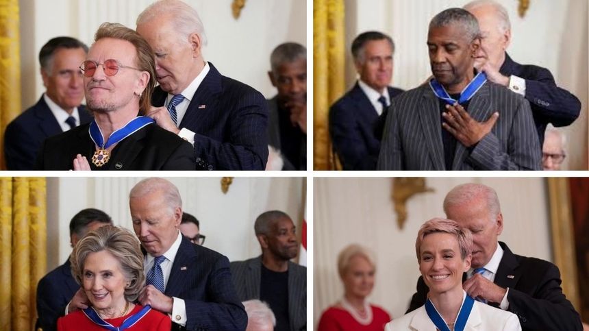 Joe Biden a decorat mai multe personalităţi cu Medalia Libertăţii, printre care George Soros, Hillary Clinton sau Bono. Messi a fost decorat, dar nu a fost prezent la ceremonie - FOTO, VIDEO